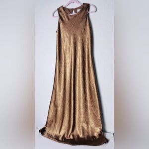 Vintage 90s Y2K Jessica Sears Metallic Gold Crinkle Maxi Gown Formal Dress Sz 12